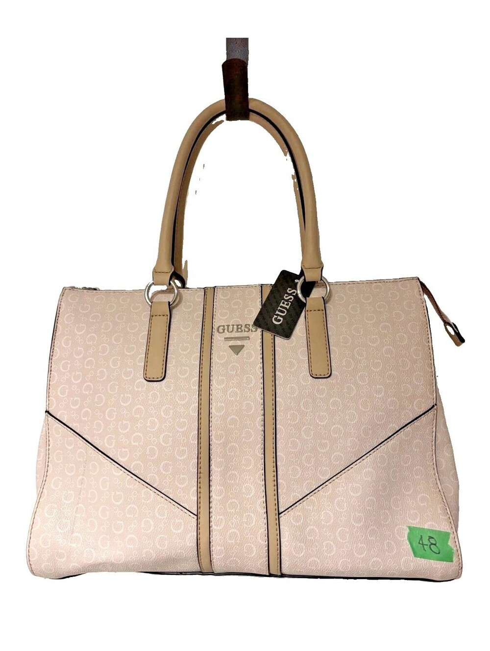 GUESS Nichols Pink Monogram Tote Bag Coated Canvas Shoulder Purse Leopard Lining